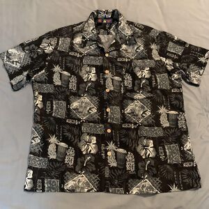 Roundy Bay Shirt Mens XL Black Gray Hawaiian Aloha Floral Print Button Up